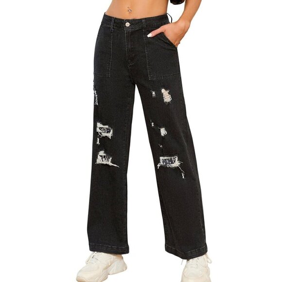 Astylish Jeans High Waisted Boyfriend Cargo Ripped Patchwork Distressed 12 black - Picture 1 of 1